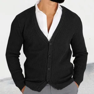 Close-up of black men's knit cardigan showing ribbed texture and V-neck slim fit design.