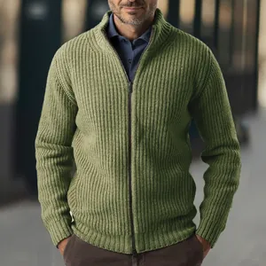 Close-up view of men's sage green ribbed knit cardigan featuring mock neck and full zipper