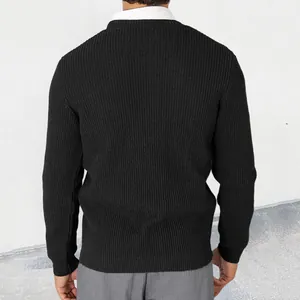 Back view of a classic black ribbed knit sweater for men, showing slim fit design.