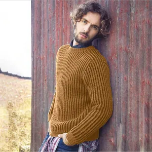Detail of men's mustard yellow rib-knit sweater featuring textured vertical stripes