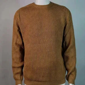 Detailed view of men's brown ribbed knit sweater featuring crew neck and long sleeves