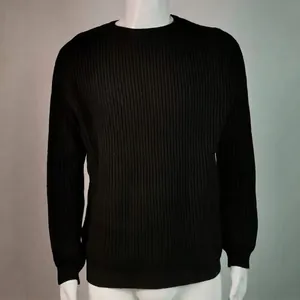 Close-up view of a men's premium black ribbed knit sweater showing texture and detail