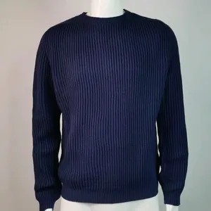 Men's classic navy blue ribbed knit sweater with crew neck for autumn and winter