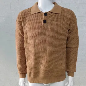 Detail view of brown waffle knit polo sweater for men featuring a classic lapel collar design