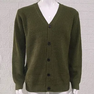 Close-up of army green men's V-neck knit cardigan showing texture and buttons