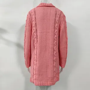 Back view of a long pink cable-knit cardigan with ribbed hem and oversized fit