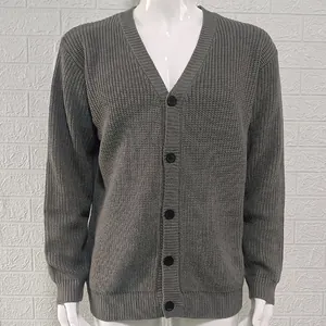 Detail view of men's gray V-neck long sleeve knitted button-up cardigan sweater coat