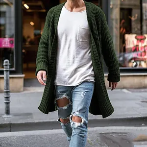 Close-up of men's army green long knit cardigan featuring a textured waffle pattern