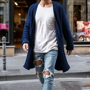 Detailed close-up view of navy blue men's loose knit cardigan with classic texture