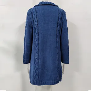 Detailed back view of a blue cable-knit long cardigan featuring a soft ribbed texture.