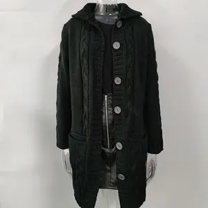 Detailed view of long dark green cable-knit cardigan with large grey buttons
