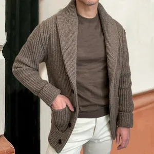 Men Vintage Shawl Collar Knit Cardigan Sweater Solid Color Long Sleeve Button Down Knitwear With Pockets Retro Top