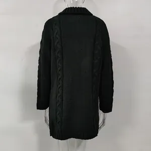 Back view of a long black cable-knit oversized cardigan sweater for women in autumn.