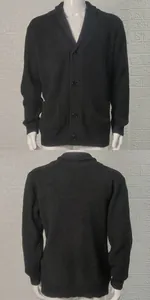 Men's black knitted cardigan sweater with shawl collar and buttons, front and back view