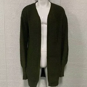 Men's loose waffle knit cardigan in army green with open front and ribbed cuffs
