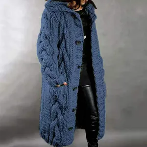 Casual women's blue chunky cable-knit long hooded cardigan sweater with buttons