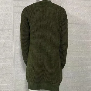 Detailed back view of men's oversized olive green chunky knit cardigan sweater texture
