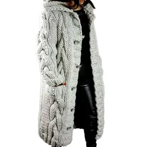 Oversized chunky cable knit women's long hooded cardigan sweater coat in light grey