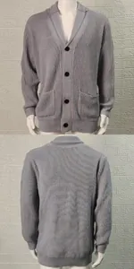 Detailed front and back view of grey men's knitted cardigan with shawl collar.