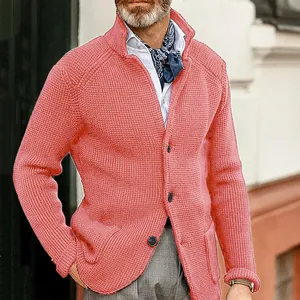 Detailed view of salmon pink men's slim fit waffle knit cardigan with stand collar