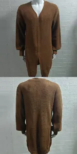 Detail view showing front and back of a brown long waffle knit cardigan sweater for men