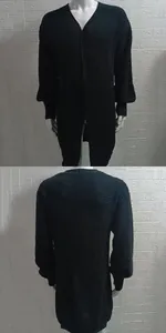 Detailed front and back views of a men's black waffle-knit loose cardigan sweater jacket