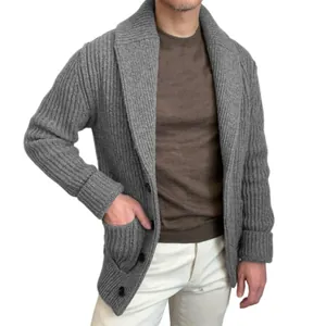 Close-up detail of a grey shawl collar knitted cardigan with ribbed texture for men