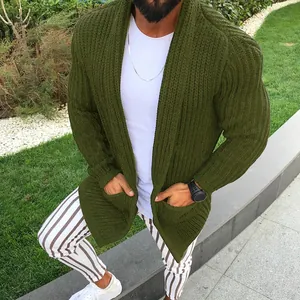 Close-up detail showing the texture of an army green slim fit cable knit cardigan for men.