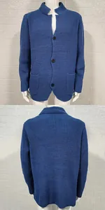 Detailed front and back views of a blue waffle knit men's cardigan with stand collar
