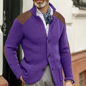 Close-up detail of a purple men's knit cardigan with stylish brown shoulder patches.