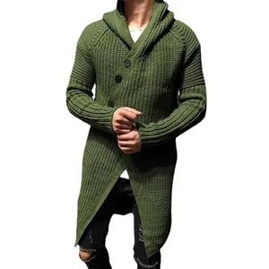 Lange heren gebreide cardigan met capuchon olijfgroen voor herfst en winter seizoen