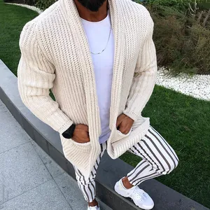 Men's cream chunky knit cardigan sweater with long sleeves and pocket details