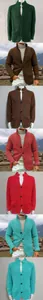 Casual men's waffle knit cardigan with lapel collar shown in various autumn colors