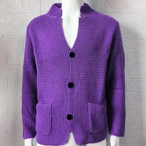 Detailed view of a purple waffle-knit cardigan for men featuring a stand collar.