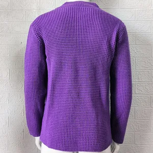Detailed back view of a purple chunky knit cardigan for men with a stand collar.