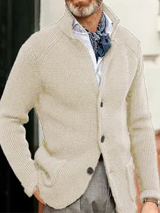 Stylish men's slim fit cream waffle knit cardigan jacket with stand collar and buttons
