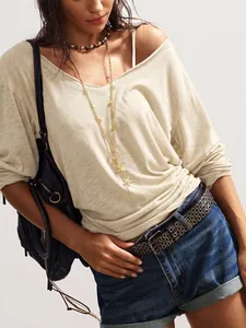 T-shirt décontracté à manches longues et col en V pour femme, couleur crème uni