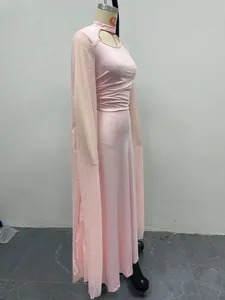 Elegant light pink slim fit bodysuit dress with long cape sleeves for evening party