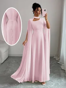 Elegant pink floor-length party dress with cape sleeves and back chain tie detail.
