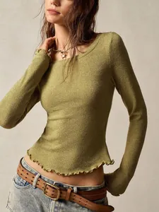 Detailed view of women's olive green ribbed long sleeve top featuring lettuce edge hem