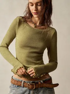 Vintage olive green long sleeve slim fit top featuring lettuce edge hem for women