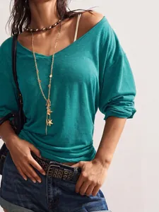 Détails du t-shirt turquoise ample à col en V et manches longues style décontracté