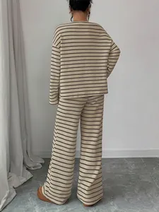 Detailed back view of striped loungewear set with long-sleeve top and wide-leg trousers
