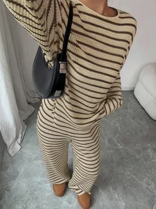 Detailed view of women's striped long sleeve and pants two-piece loungewear set
