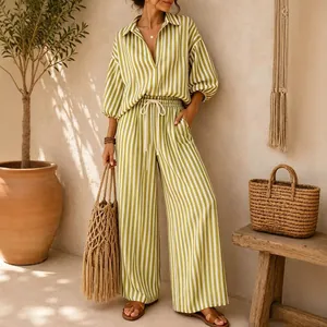 Elegant bohemian olive green striped two-piece set featuring shirt and wide-leg trousers