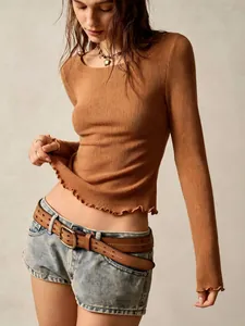 Retro women's slim-fit long sleeve ribbed T-shirt with lettuce edge hem and cuffs