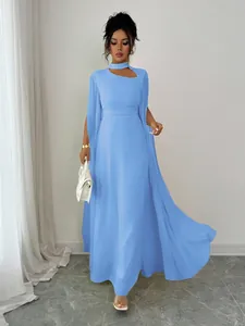 Elegant light blue floor-length party dress featuring a unique cape sleeve design.