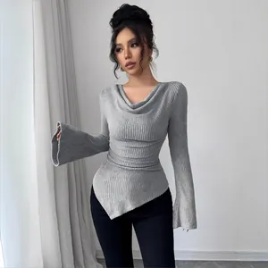 Eleganter grauer gerippter Langarm-Strickoberteil mit Wasserfall-Ausschnitt für Damen