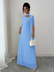 Detailed full-body view of a light blue formal gown with elegant cape sleeves and high neck.