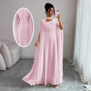 Elegant Women Cape Sleeve Back Lace Up Bodycon Maxi Dress Solid Color Chiffon Polyester Banquet Evening Party Gown Fashion